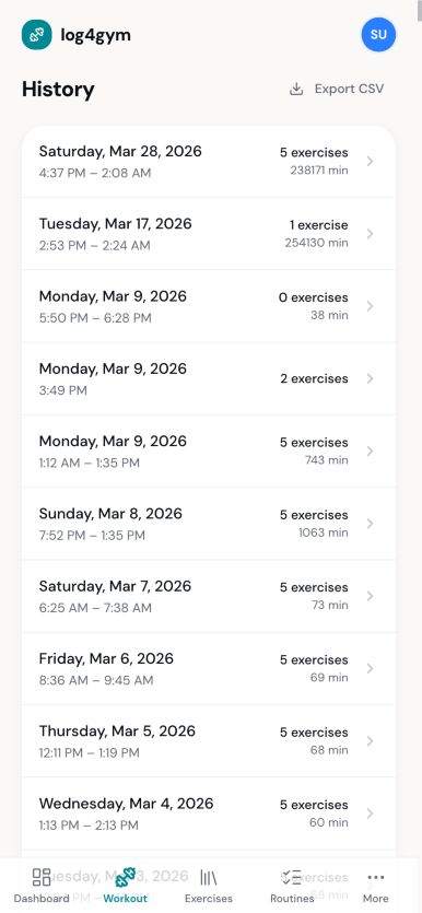 Chronological Log4Gym workout history