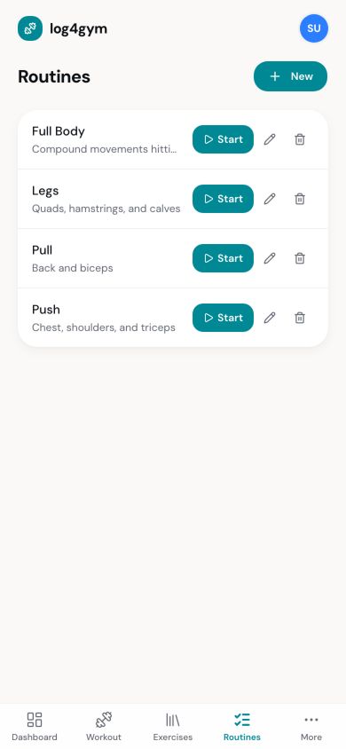 Saved Log4Gym routines with quick-start actions