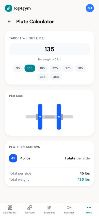 Log4Gym barbell plate-loading calculator