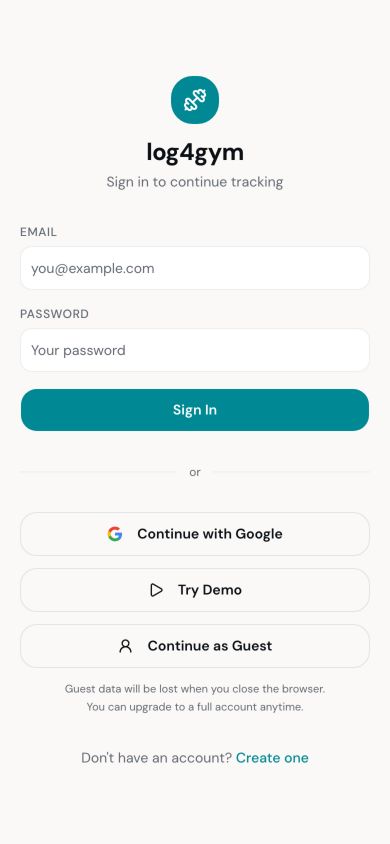 Log4Gym sign-in with email, Google, demo, and guest options